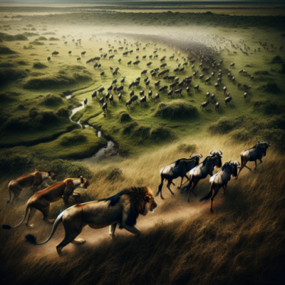Lion and wildebeest Kenya