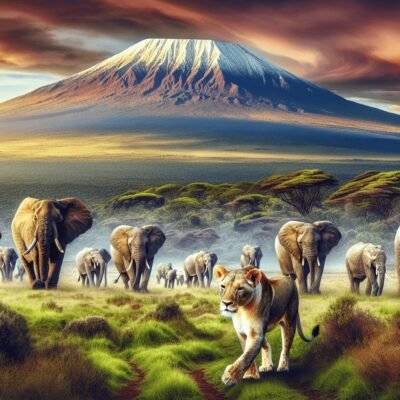 A breathtaking Kenyan landscape featuring a majestic lioness prowling in the foreground, with a herd of elegant elephants gracefully moving in the dis