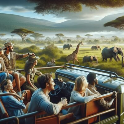 A diverse group of adventurers, including Caucasian and Hispanic individuals, are seated in an open-top safari vehicle in Kenya, surrounded by lush gr