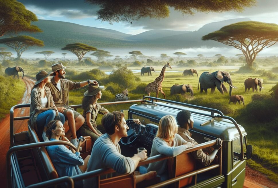 A diverse group of adventurers, including Caucasian and Hispanic individuals, are seated in an open-top safari vehicle in Kenya, surrounded by lush gr