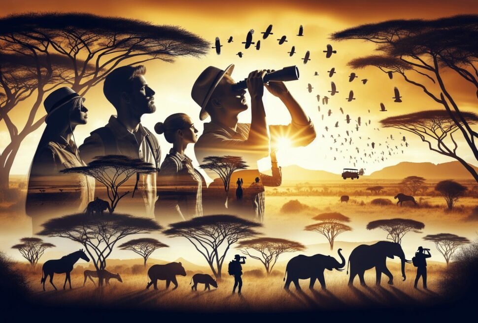A group of Caucasian and Hispanic tourists on a safari in Kenya, intently observing wildlife through binoculars. They are surrounded by iconic African