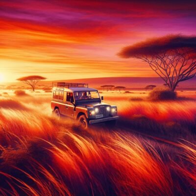 A safari jeep driving through the grasslands of Kenya at sunset.
