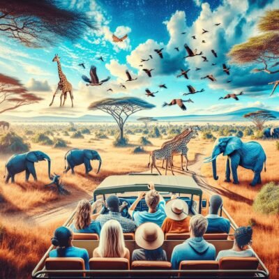 A serene Kenyan savannah landscape featuring a vivid blue sky, with elephants and giraffes peacefully roaming. In the foreground, a diverse group of p