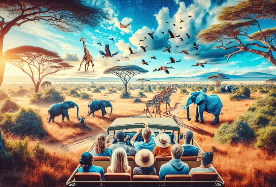 A serene Kenyan savannah landscape featuring a vivid blue sky, with elephants and giraffes peacefully roaming. In the foreground, a diverse group of p