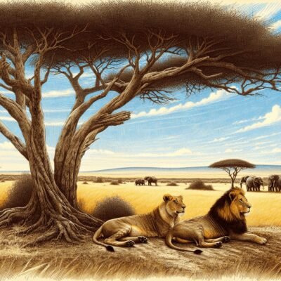 A serene Maasai Mara landscape featuring a pride of lions lounging under a solitary acacia tree, surrounded by golden savannah grasslands. The clear b