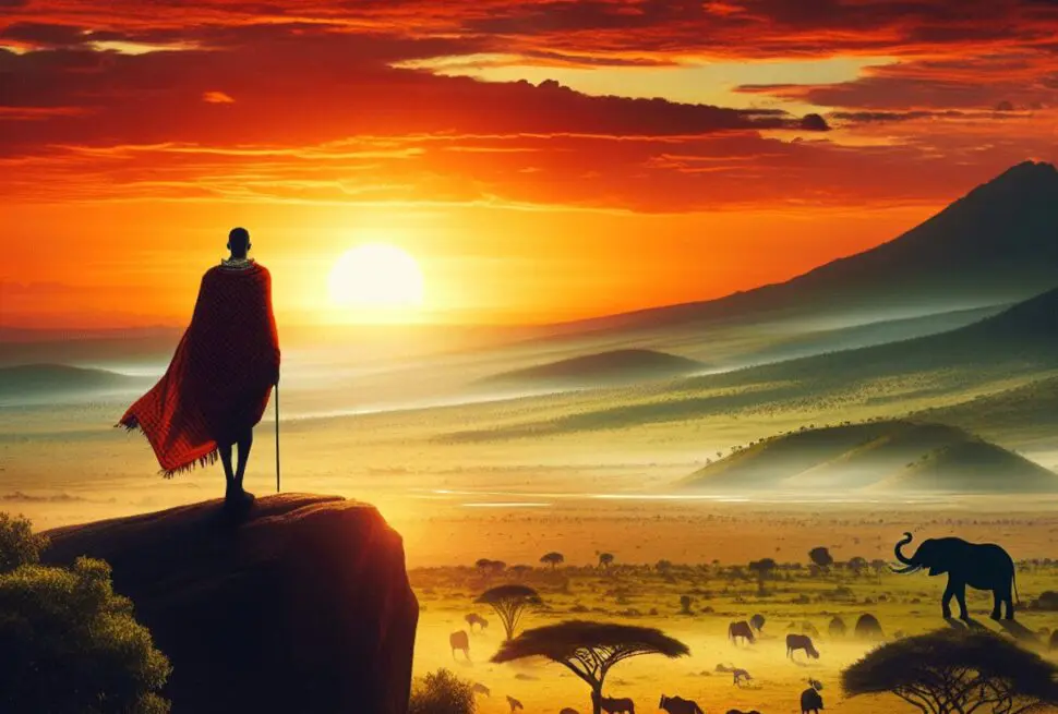 A stunning sunset casts vibrant orange and purple hues across the sky over the Maasai Mara National Reserve, with a silhouette of a heroic Maasai warr