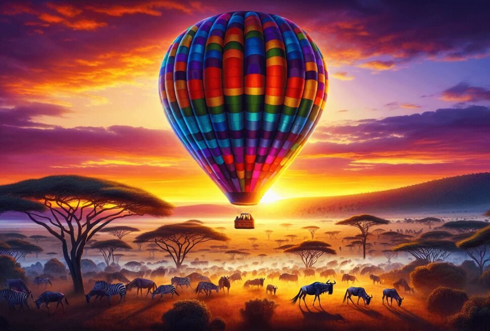 A vibrant, multicolored hot air balloon rises at dawn over the Maasai Mara National Reserve, with herds of wildebeest and zebra visible below amidst a