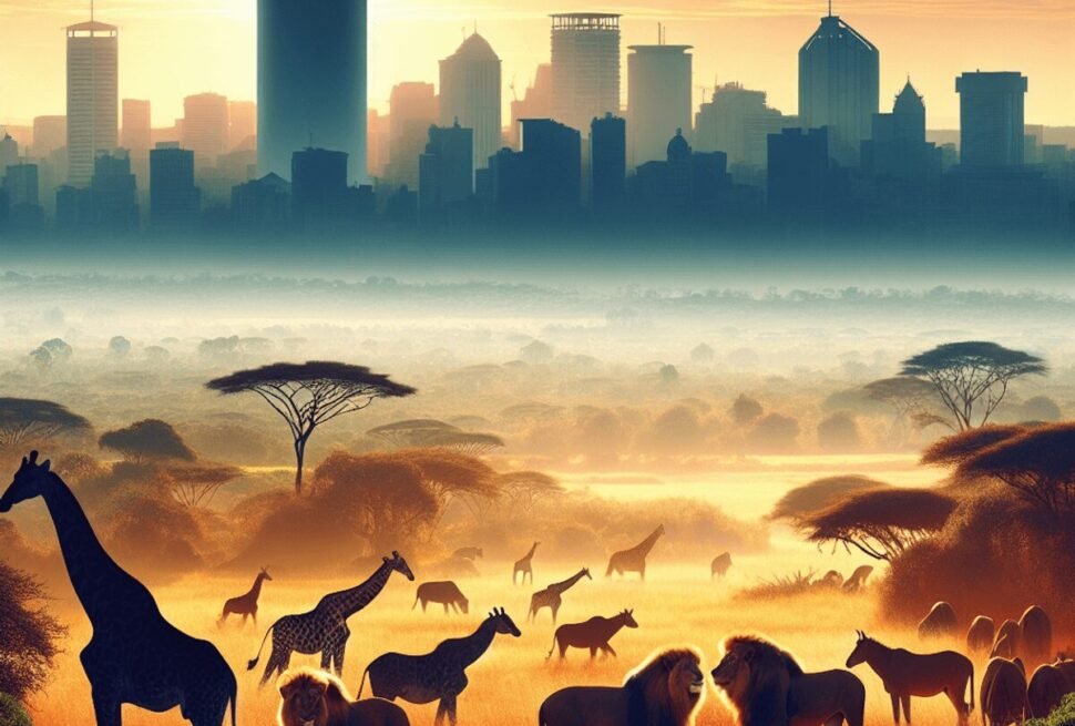 A vibrant scene depicting Nairobi National Park, where a group of majestic giraffes grazes peacefully in the foreground alongside powerful lions resti
