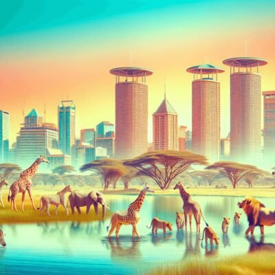 A vibrant scene depicting Nairobi National Park with a modern city skyline in the background. The foreground features diverse wildlife, including lion