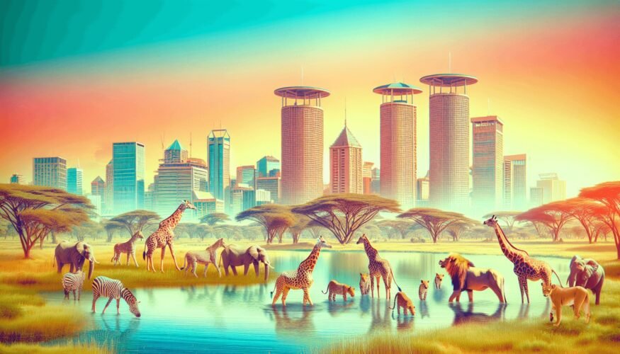 The Nairobi National Park: A Blend of Wilderness and Urbanity 1 A vibrant scene depicting Nairobi National Park with a modern city skyline in the background. The foreground features diverse wildlife, including lion