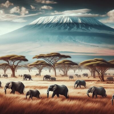 A breathtaking landscape of Amboseli National Park in Kenya, featuring the majestic Mount Kilimanjaro in the background. A herd of elephants gracefull