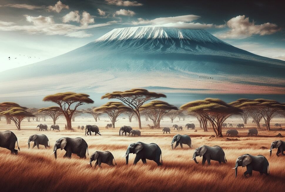 A breathtaking landscape of Amboseli National Park in Kenya, featuring the majestic Mount Kilimanjaro in the background. A herd of elephants gracefull