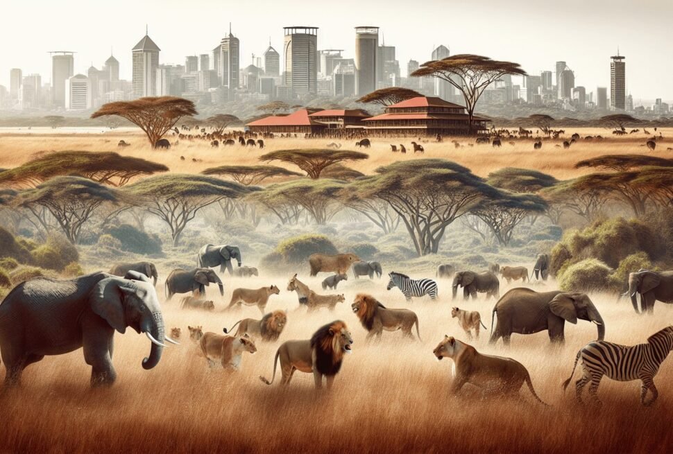 A panoramic view of Nairobi National Park showcasing open grasslands dotted with acacia trees, where a herd of elephants grazes peacefully beside a pr