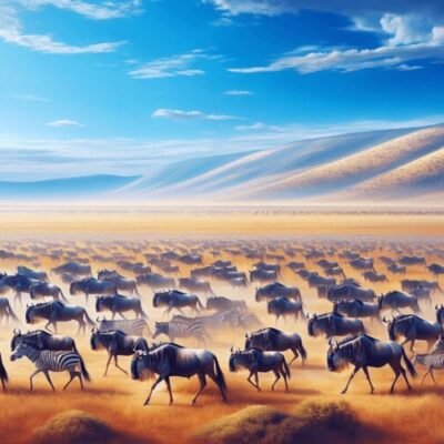 A vibrant African savannah landscape featuring a large herd of wildebeests and zebras migrating across the expansive plains, with the rolling hills of