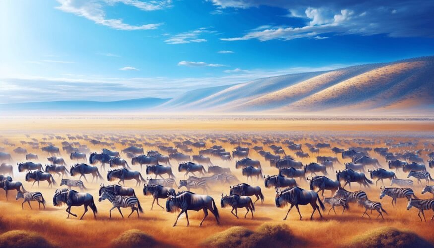 A vibrant African savannah landscape featuring a large herd of wildebeests and zebras migrating across the expansive plains, with the rolling hills of