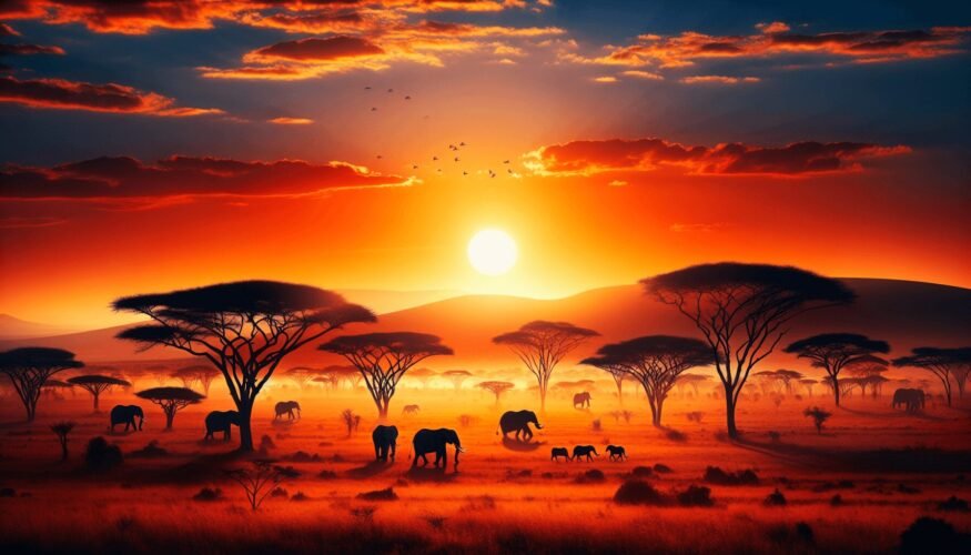 A breathtaking Kenyan savannah at sunset, with a warm golden glow illuminating the landscape. Silhouetted acacia trees dot the horizon, while a herd o