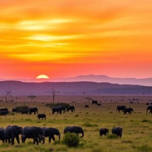 A picturesque view of Maasai Mara National Reserve with rolling hills, acacia trees, and a herd of elephants under a vibrant sunset sky.