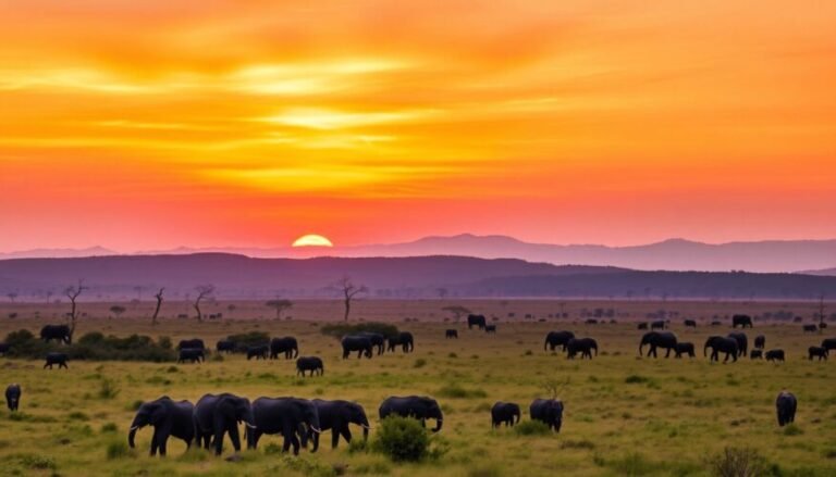 Blog 5 A picturesque view of Maasai Mara National Reserve with rolling hills, acacia trees, and a herd of elephants under a vibrant sunset sky.