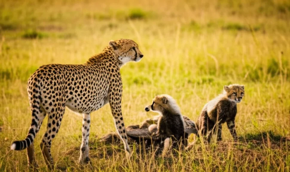 cheetah mother cubs Masai Mara lush green grass March wet season golden morning light Kenya masai mara march safari green season