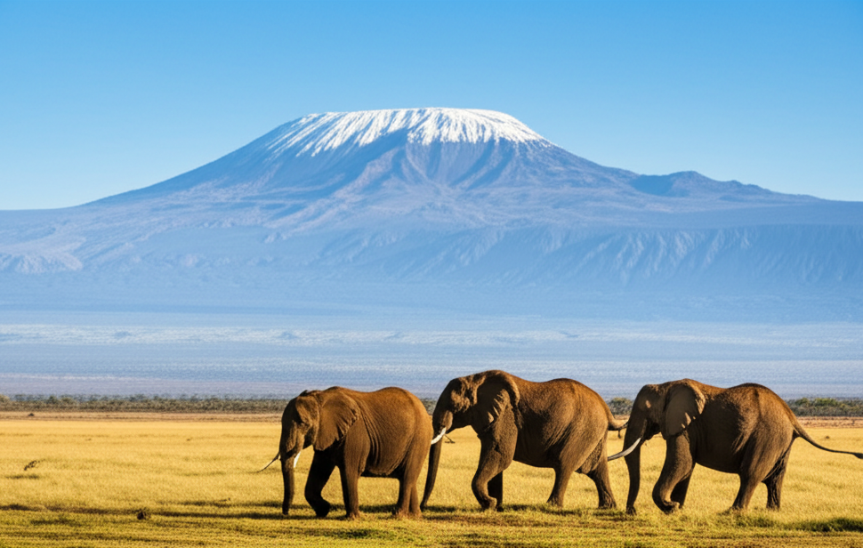 elephant herd Amboseli National Park Mount Kilimanjaro backdrop golden hour morning light — amboseli vs masai mara Kenya
