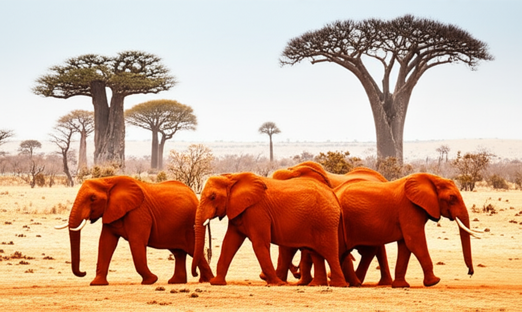 elephant keeper walking with juvenile elephant at Tsavo National Park Kenya at sunset — adopt an elephant Kenya