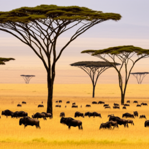 golden sunrise over Maasai Mara savannah with acacia trees and wildlife silhouettes