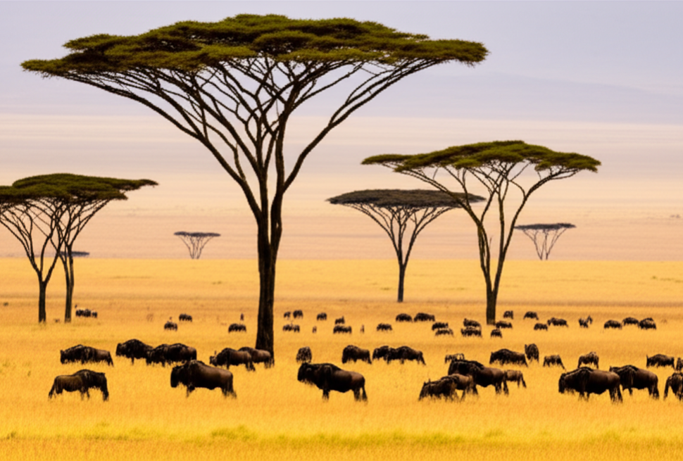 golden sunrise over Maasai Mara savannah with acacia trees and wildlife silhouettes