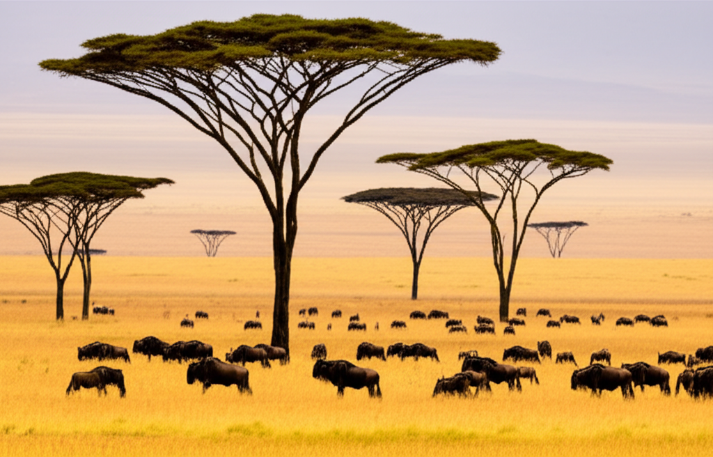 golden sunrise over Maasai Mara savannah with acacia trees and wildlife silhouettes