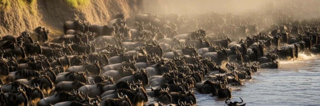 great wildebeest migration river crossing Masai Mara thousands animals churning water dramatic light Kenya kenya multi-park safari itinerary 10 days