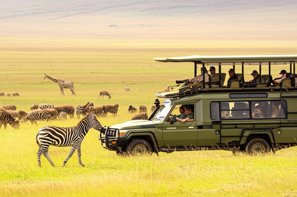 happy tourists in safari vehicle smiling with binoculars Kenya sunset warm tones