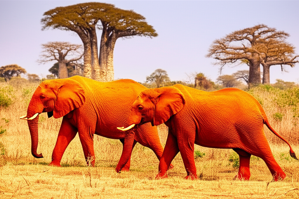 Kenyan safari guide pointing at wildlife track in red Tsavo soil with tourists
