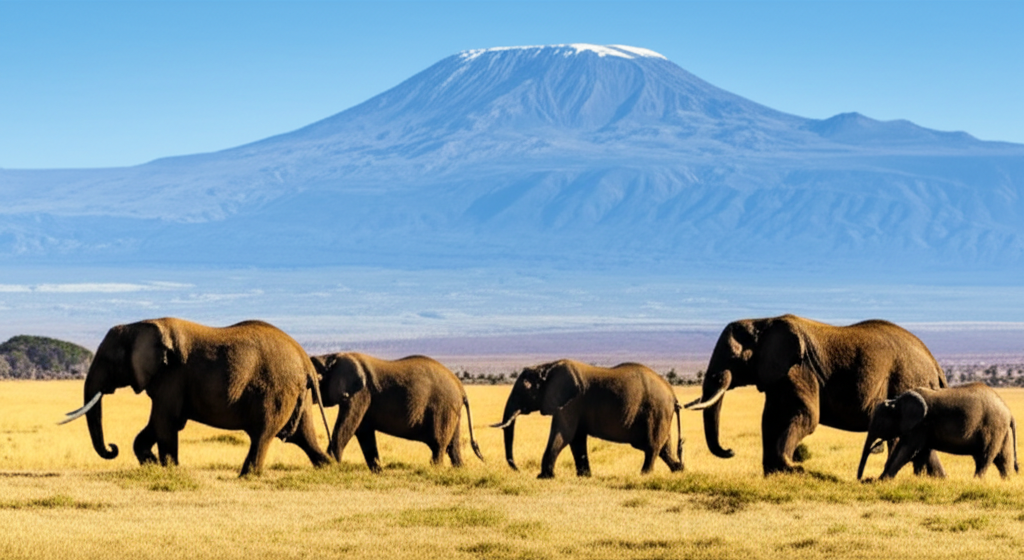 large elephant herd crossing open savannah in Amboseli National Park with Mount Kilimanjaro in background — adopt an elephant Kenya