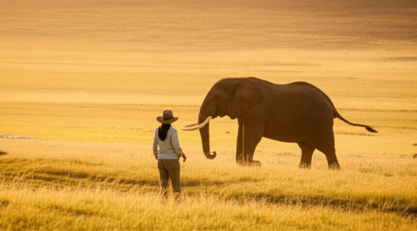 Solo Travel Kenya Safari: Is It Safe? Tips for Going Alone 1 lone female traveller watching elephant herd Amboseli National Park golden hour savannah Kenya solo travel kenya safari is it safe tips