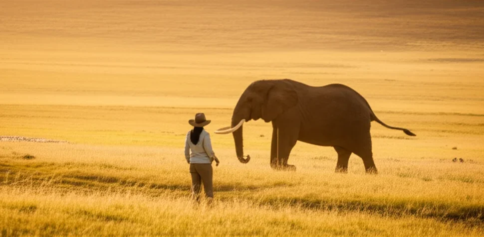lone female traveller watching elephant herd Amboseli National Park golden hour savannah Kenya solo travel kenya safari is it safe tips