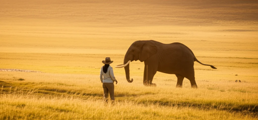 lone female traveller watching elephant herd Amboseli National Park golden hour savannah Kenya solo travel kenya safari is it safe tips