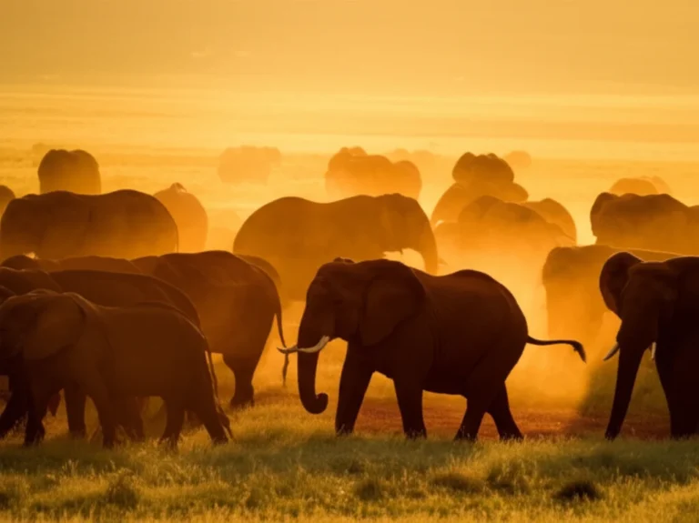massive African elephant herd red dust Tsavo East National Park Kenya wide savannah golden afternoon light tsavo national park lodges and camps guide