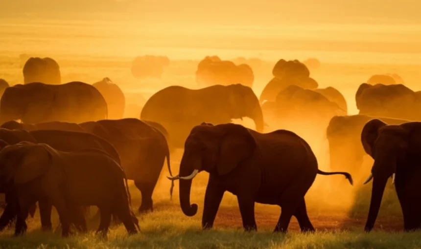 massive African elephant herd red dust Tsavo East National Park Kenya wide savannah golden afternoon light tsavo national park lodges and camps guide