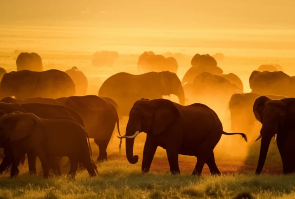 massive African elephant herd red dust Tsavo East National Park Kenya wide savannah golden afternoon light tsavo national park lodges and camps guide