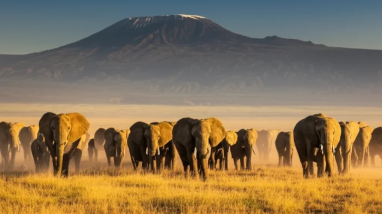 massive elephant herd Amboseli National Park Mount Kilimanjaro background golden sunrise Kenya kenya multi-park safari itinerary 10 days