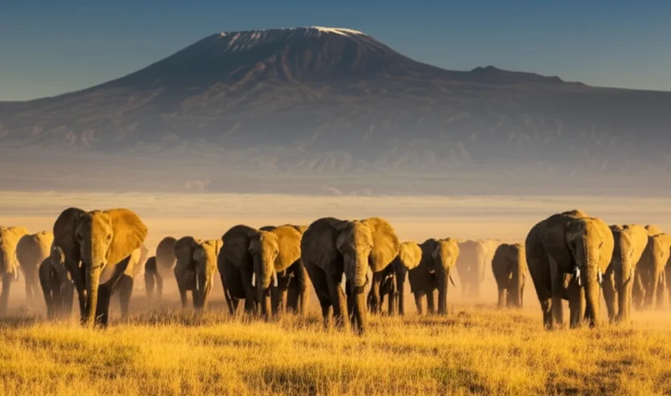massive elephant herd Amboseli National Park Mount Kilimanjaro background golden sunrise Kenya kenya multi-park safari itinerary 10 days