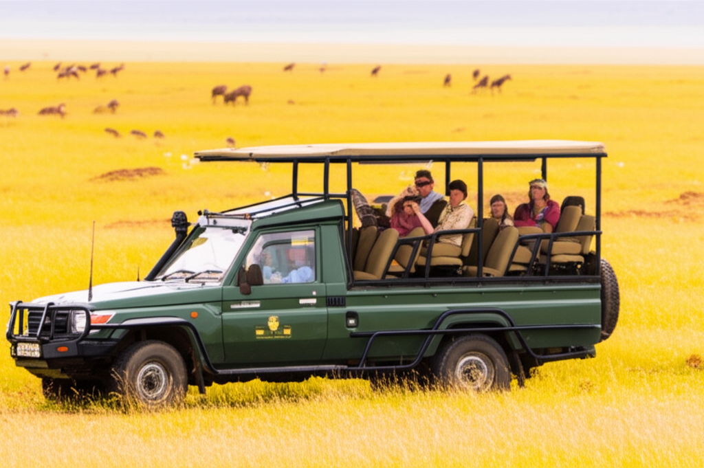 open-roof safari Land Cruiser tourists watching wildebeest Great Migration Mara River crossing Kenya kenya safari