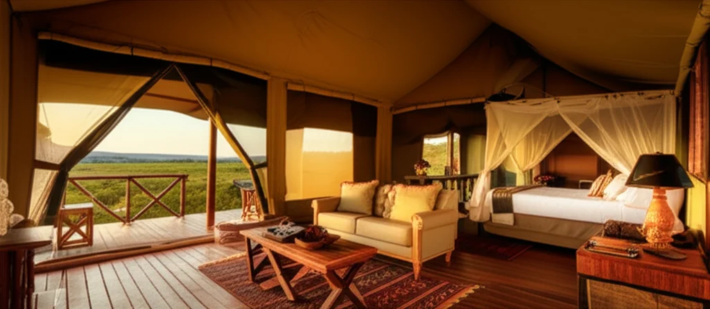 romantic luxury safari tent interior Maasai Mara golden hour candlelight dinner private veranda Kenya kenya safari honeymoon guide romantic lodges