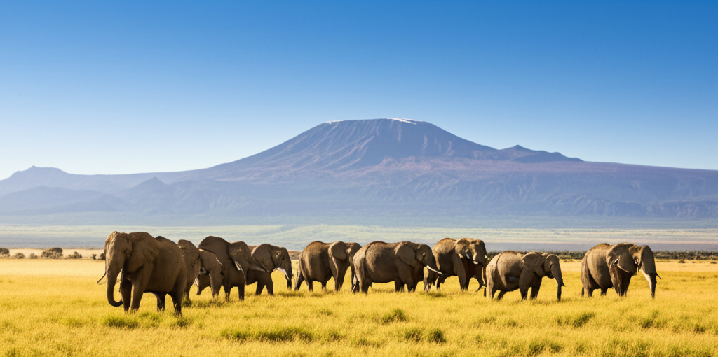 small group safari vehicle at sunset with elephants in background Amboseli Kenya