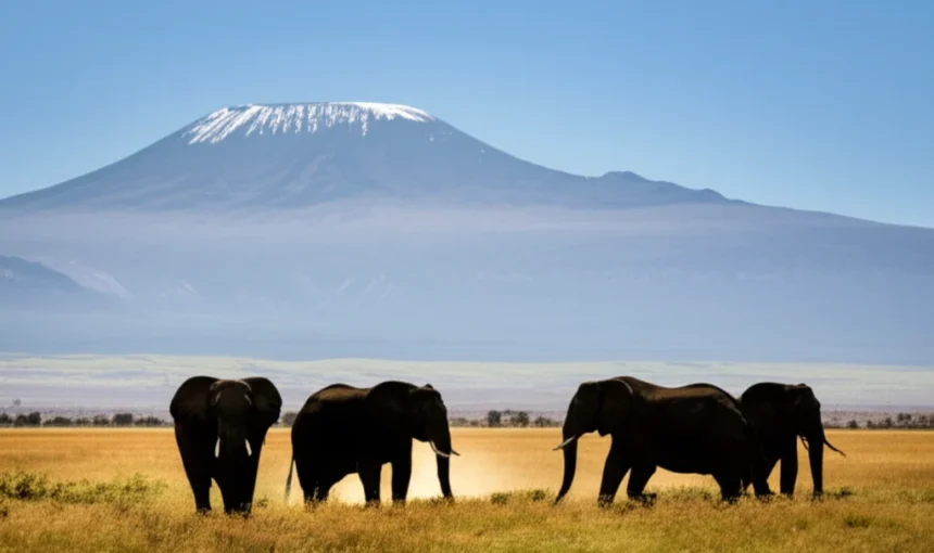 young child watching elephant herd from open safari Land Cruiser Amboseli Mount Kilimanjaro backdrop early morning golden light Kenya kenya safari with kids family guide