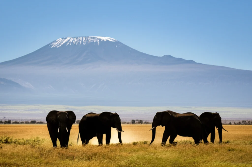 young child watching elephant herd from open safari Land Cruiser Amboseli Mount Kilimanjaro backdrop early morning golden light Kenya kenya safari with kids family guide